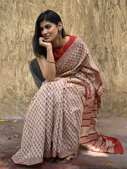 Bagru Statements : Hand Block Printed Cotton Saree - Dhara Phool