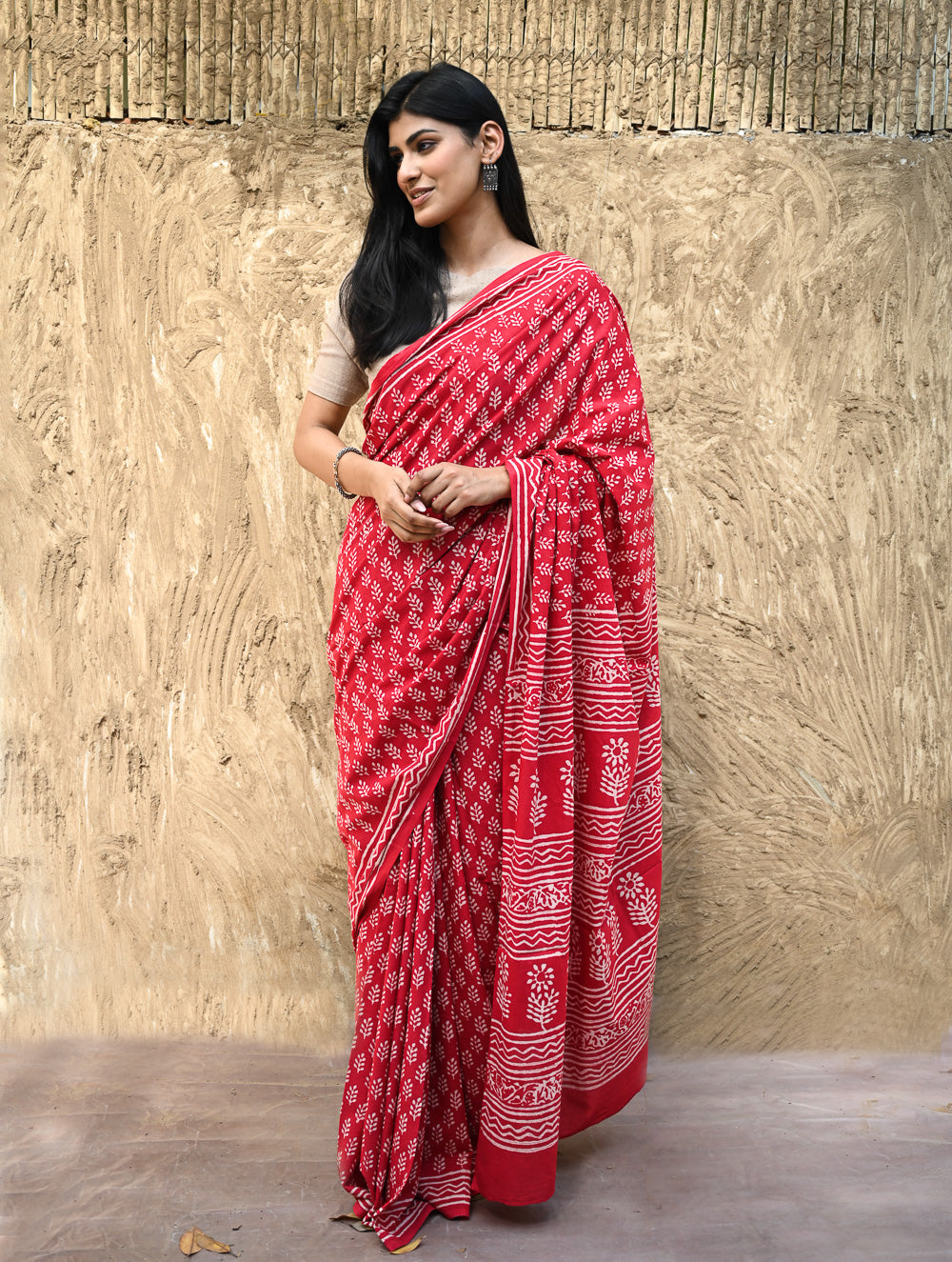 Dabu Vibes : Hand Block Printed Cotton Saree - Rakta Pallavi