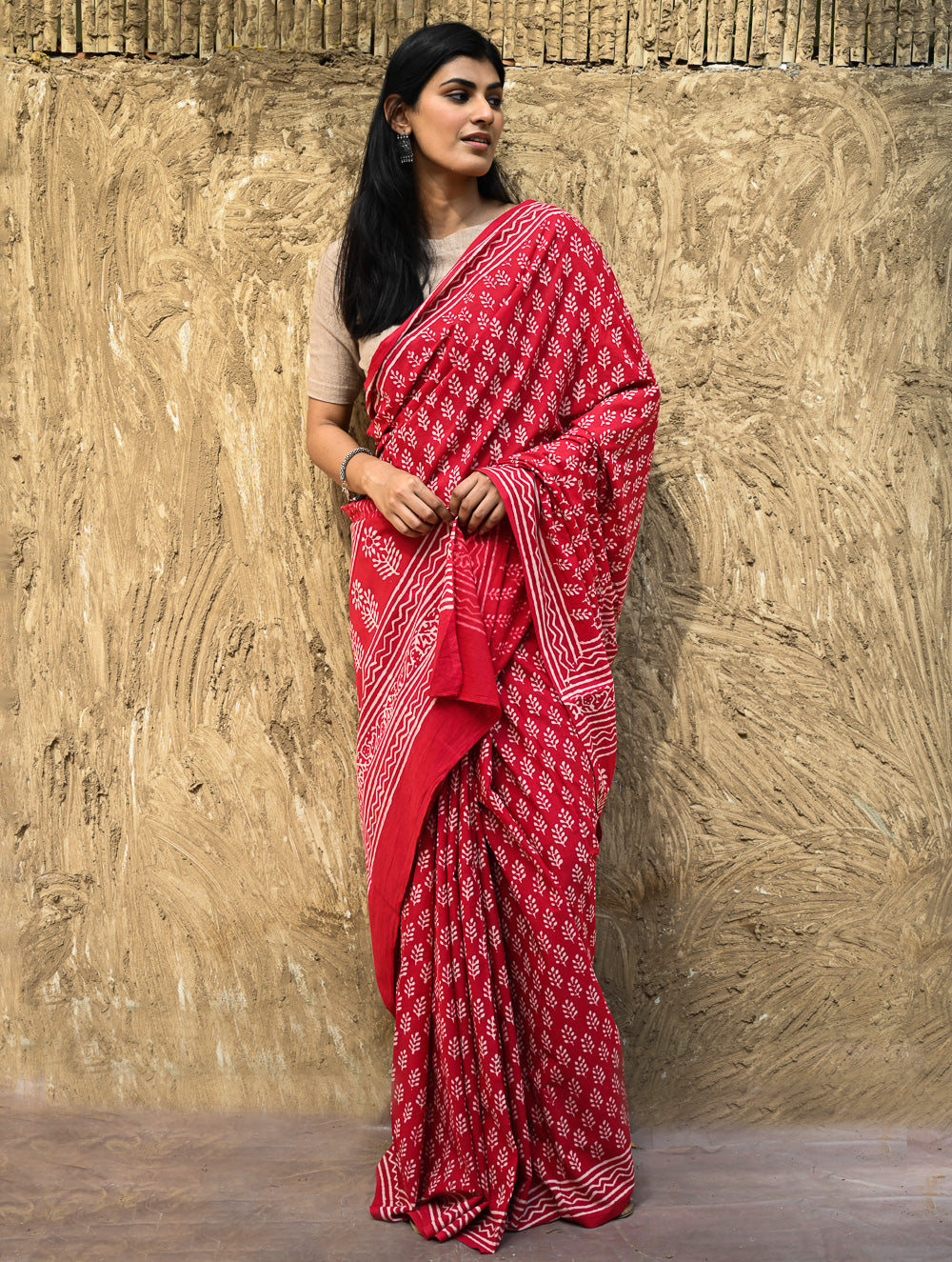 Dabu Vibes : Hand Block Printed Cotton Saree - Rakta Pallavi