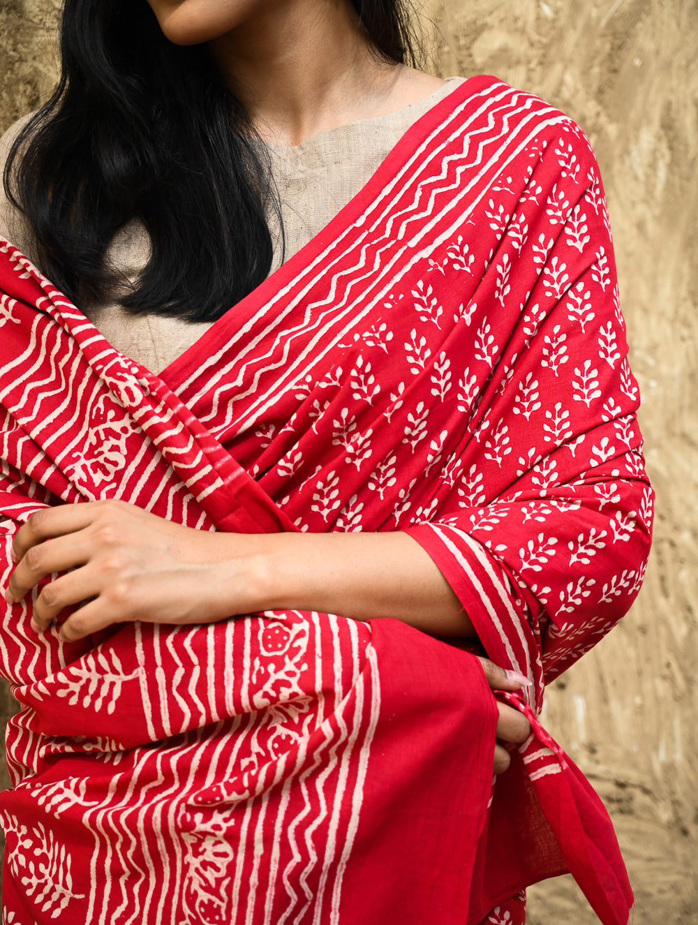 Dabu Vibes : Hand Block Printed Cotton Saree - Rakta Pallavi