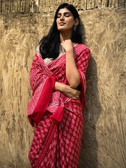 Dabu Vibes : Hand Block Printed Cotton Saree - Rakta Pallavi