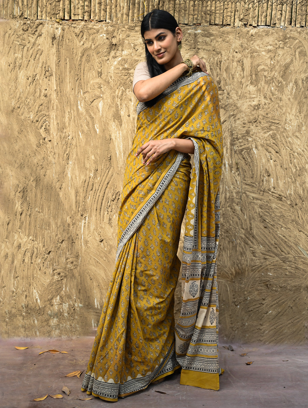 Bagru Statements : Hand Block Printed Cotton Saree - Kesarika