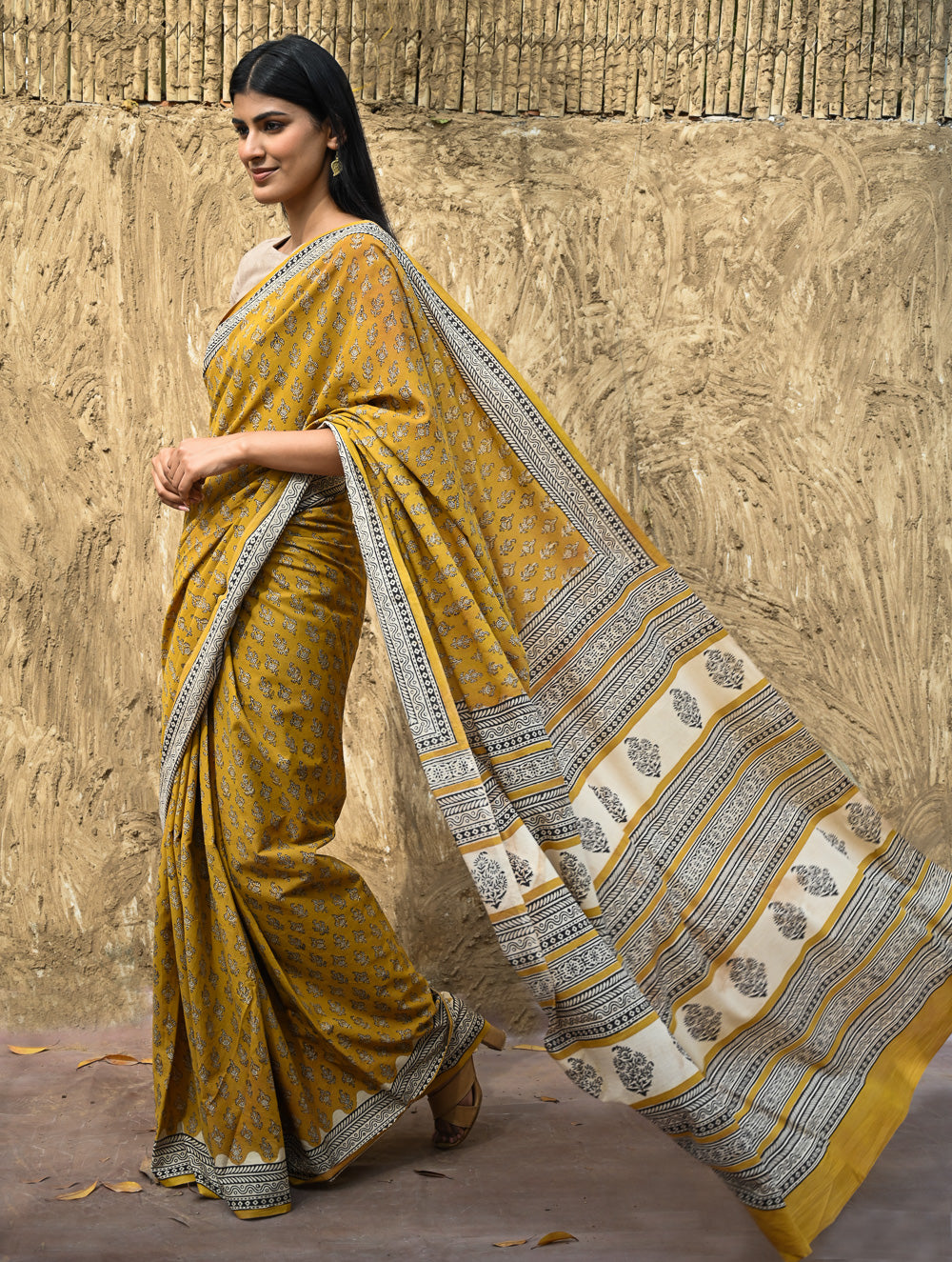 Bagru Statements : Hand Block Printed Cotton Saree - Kesarika