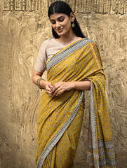 Bagru Statements : Hand Block Printed Cotton Saree - Kesarika
