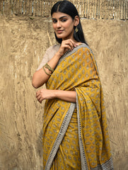 Bagru Statements : Hand Block Printed Cotton Saree - Kesarika