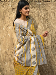 Bagru Statements : Hand Block Printed Cotton Saree - Kesarika