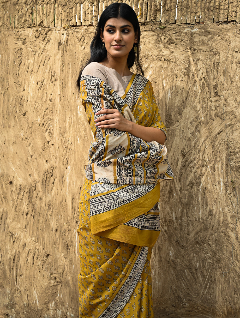 Bagru Statements : Hand Block Printed Cotton Saree - Kesarika