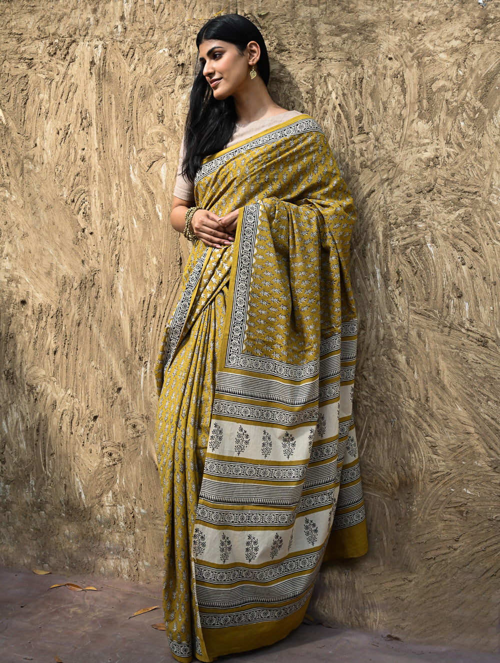 Bagru Statements : Hand Block Printed Cotton Saree - Peetambari