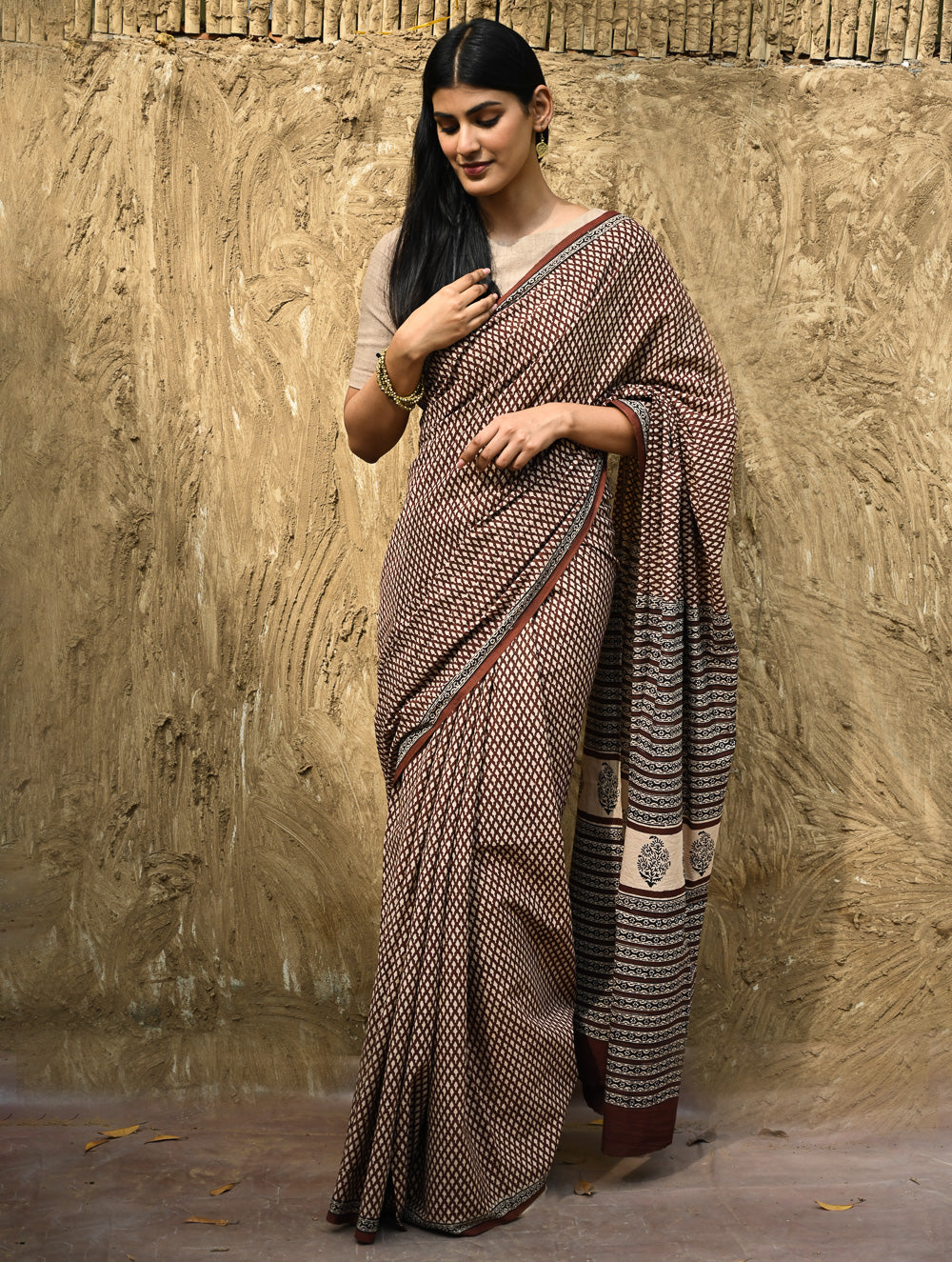 Bagru Statements : Hand Block Printed Cotton Saree - Mridang Jaal