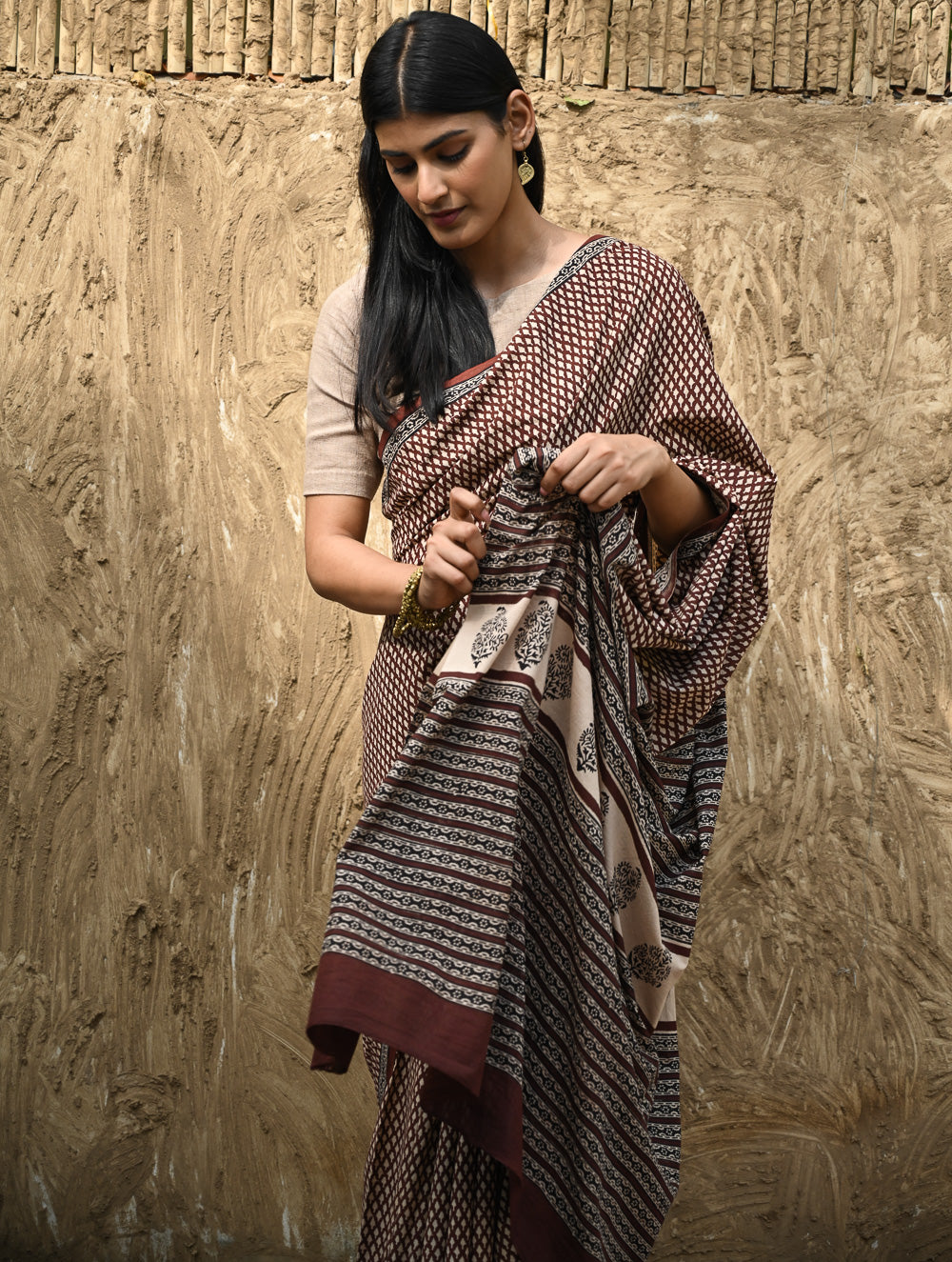 Bagru Statements : Hand Block Printed Cotton Saree - Mridang Jaal