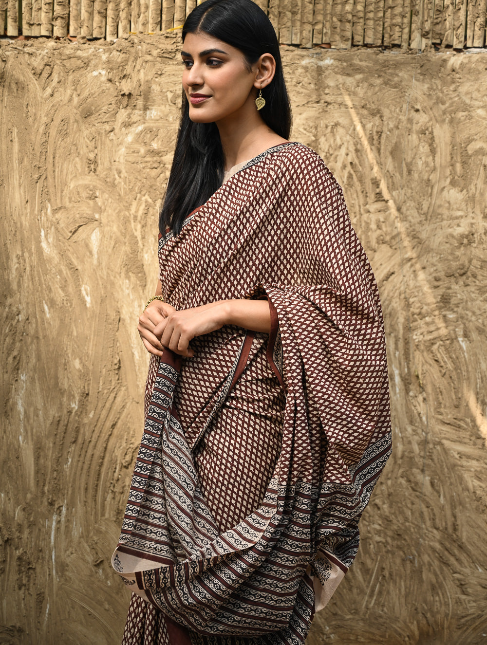 Bagru Statements : Hand Block Printed Cotton Saree - Mridang Jaal
