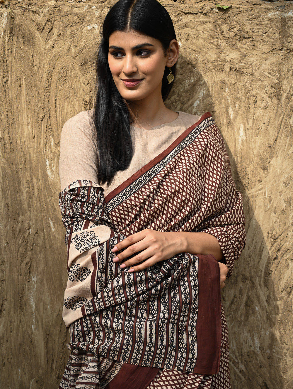 Bagru Statements : Hand Block Printed Cotton Saree - Mridang Jaal