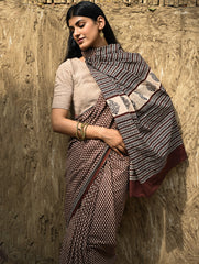 Bagru Statements : Hand Block Printed Cotton Saree - Mridang Jaal