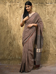 Bagru Statements : Hand Block Printed Cotton Saree - Mridang Jaal
