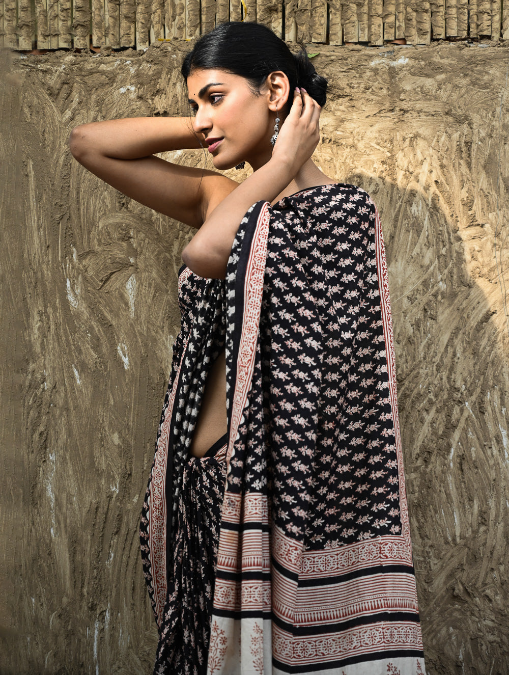 Bagru Statements : Hand Block Printed Cotton Saree - Shyam Phooljaal