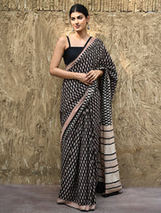 Bagru Statements : Hand Block Printed Cotton Saree - Shyam Phooljaal