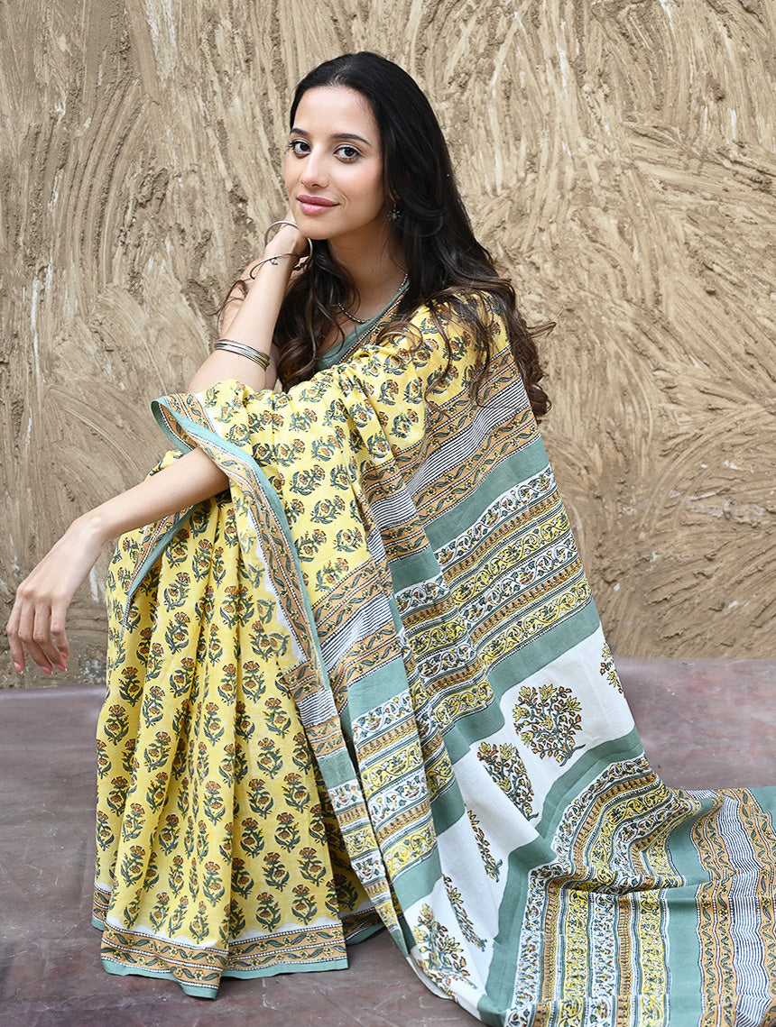 Sanganer Summers : Hand Block Printed Mul Cotton Saree - Aayo Basant