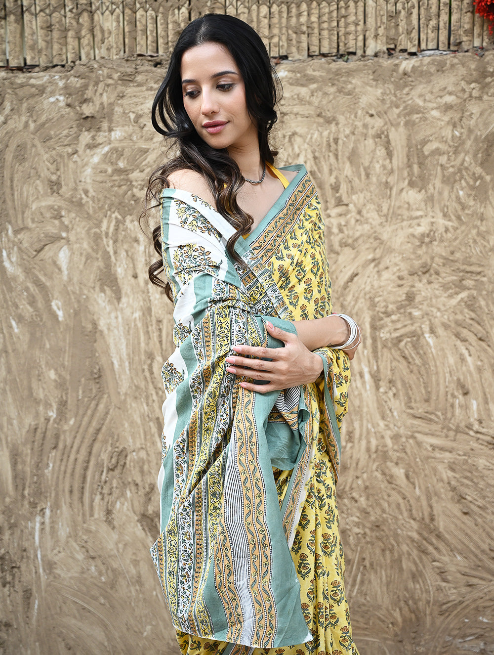 Sanganer Summers : Hand Block Printed Mul Cotton Saree - Aayo Basant
