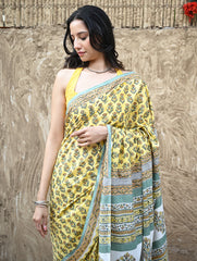 Sanganer Summers : Hand Block Printed Mul Cotton Saree - Aayo Basant