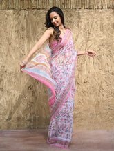 Sanganer Summers : Hand Block Printed Kota Doria Saree - Gulabi Meadow