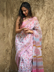 Sanganer Summers : Hand Block Printed Kota Doria Saree - Gulabi Meadow