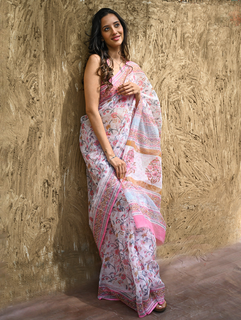 Sanganer Summers : Hand Block Printed Kota Doria Saree - Gulabi Meadow