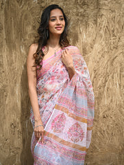 Sanganer Summers : Hand Block Printed Kota Doria Saree - Gulabi Meadow