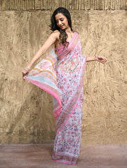 Sanganer Summers : Hand Block Printed Kota Doria Saree - Gulabi Meadow