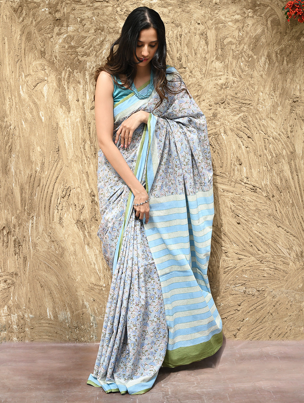 Sanganer Summers : Hand Block Printed Mul Cotton Saree - Dhusar Neel