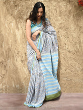 Sanganer Summers : Hand Block Printed Mul Cotton Saree - Dhusar Neel