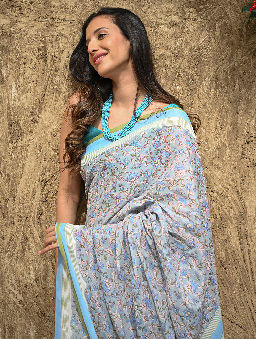 Sanganer Summers : Hand Block Printed Mul Cotton Saree - Dhusar Neel