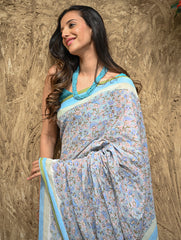Sanganer Summers : Hand Block Printed Mul Cotton Saree - Dhusar Neel