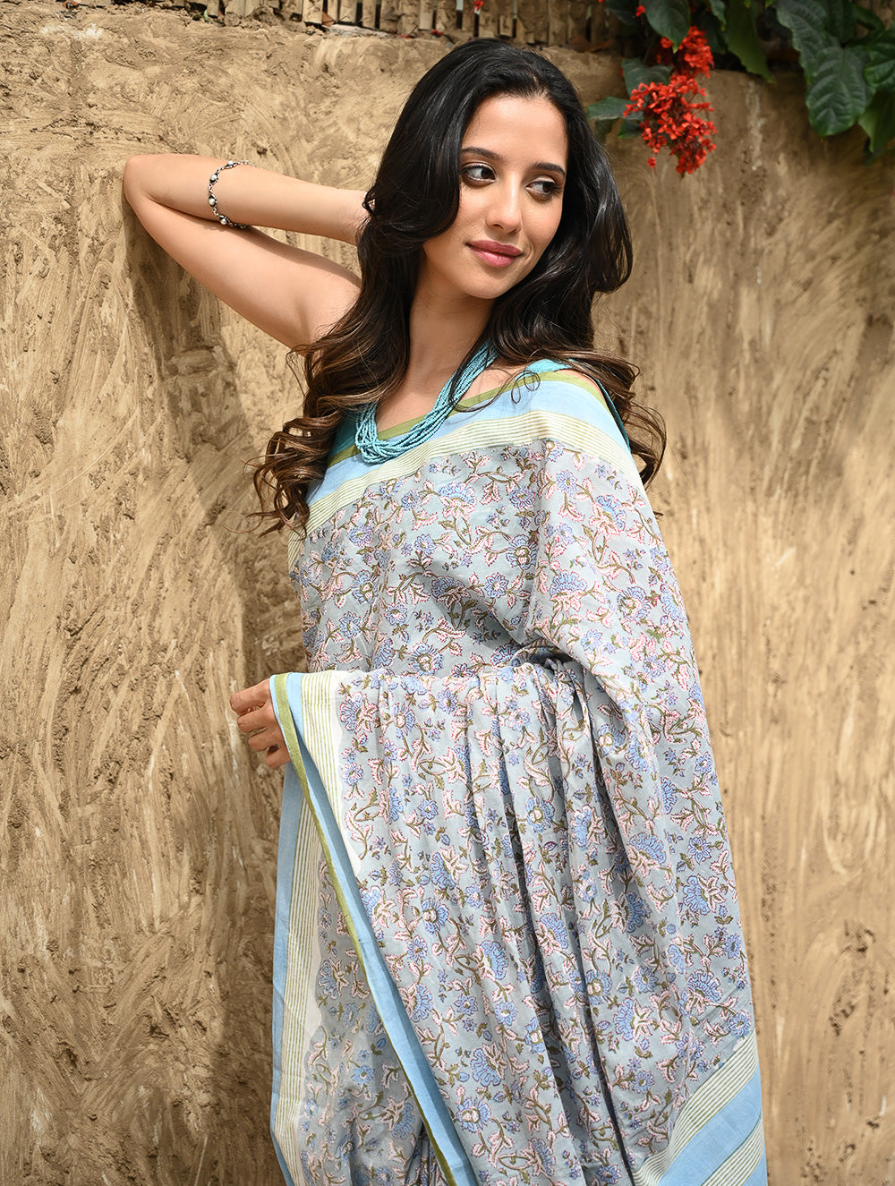 Sanganer Summers : Hand Block Printed Mul Cotton Saree - Dhusar Neel