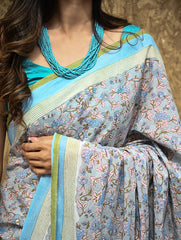 Sanganer Summers : Hand Block Printed Mul Cotton Saree - Dhusar Neel