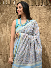 Sanganer Summers : Hand Block Printed Mul Cotton Saree - Dhusar Neel