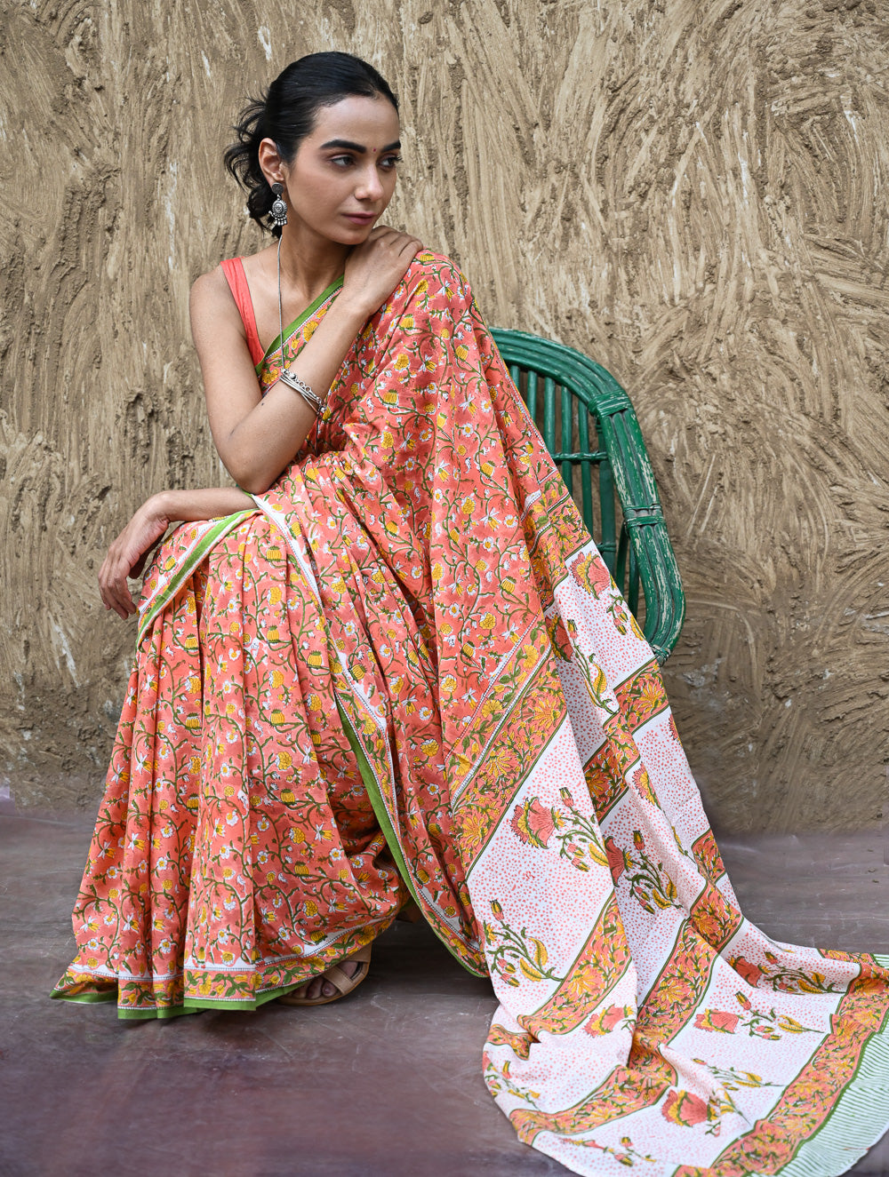 Sanganer Summers : Hand Block Printed Mul Cotton Saree - Sinduri Bel