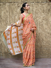 Sanganer Summers : Hand Block Printed Mul Cotton Saree - Sinduri Bel