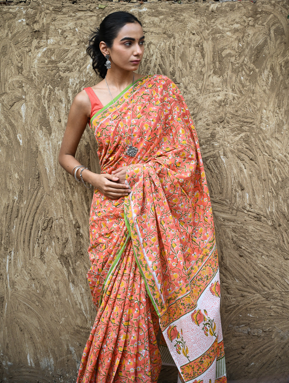 Sanganer Summers : Hand Block Printed Mul Cotton Saree - Sinduri Bel