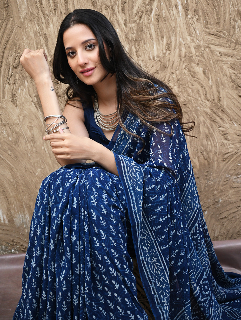 Dabu Vibes : Hand Block Printed Georgette Saree - Neel Bel