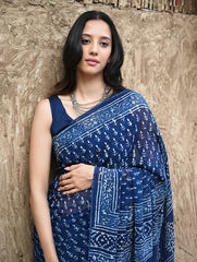 Dabu Vibes : Hand Block Printed Georgette Saree - Neel Bel