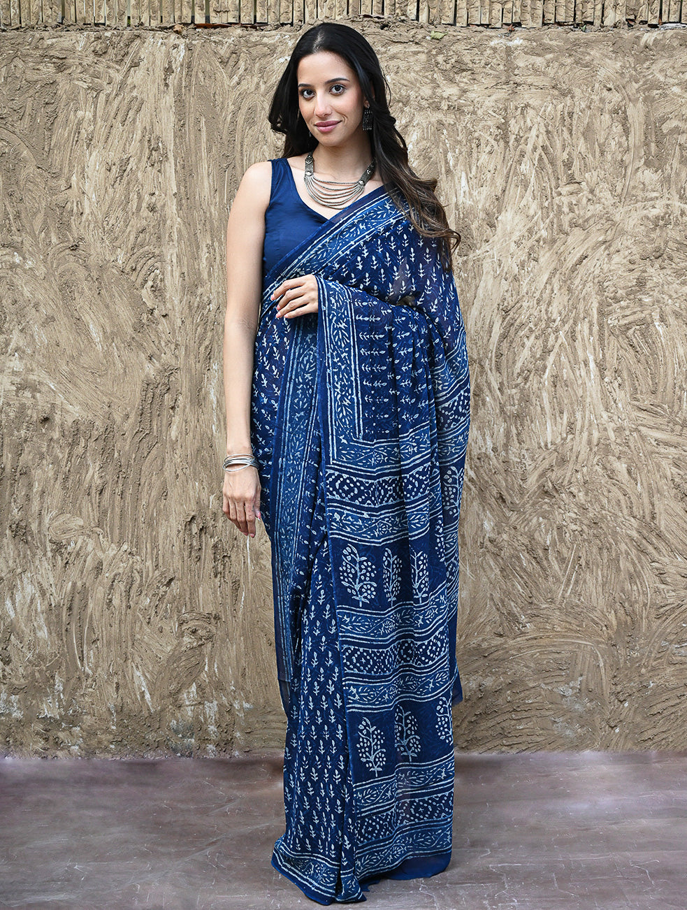 Dabu Vibes : Hand Block Printed Georgette Saree - Neel Bel