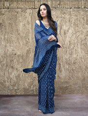 Dabu Vibes : Hand Block Printed Georgette Saree - Neel Bel