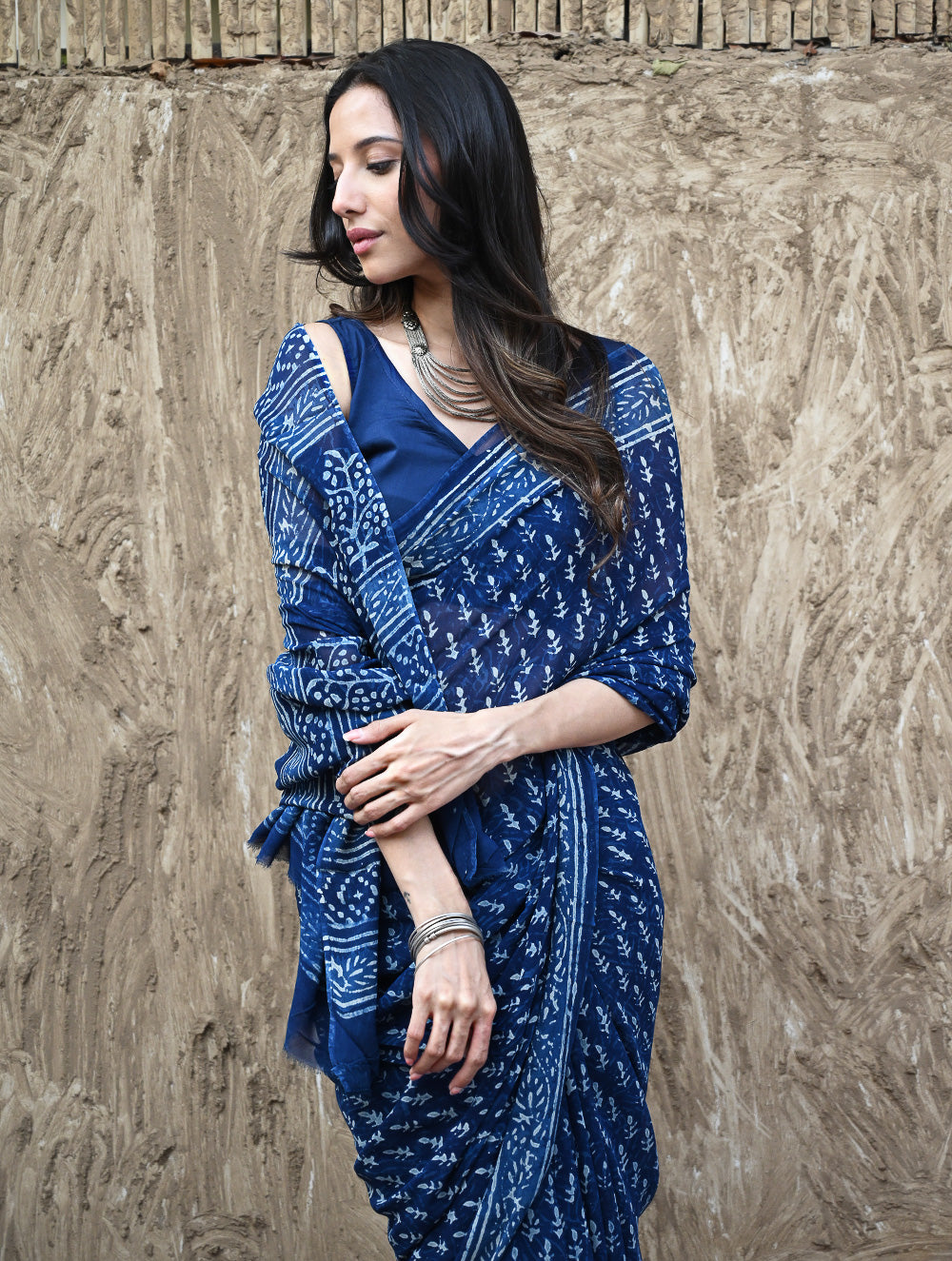 Dabu Vibes : Hand Block Printed Georgette Saree - Neel Bel