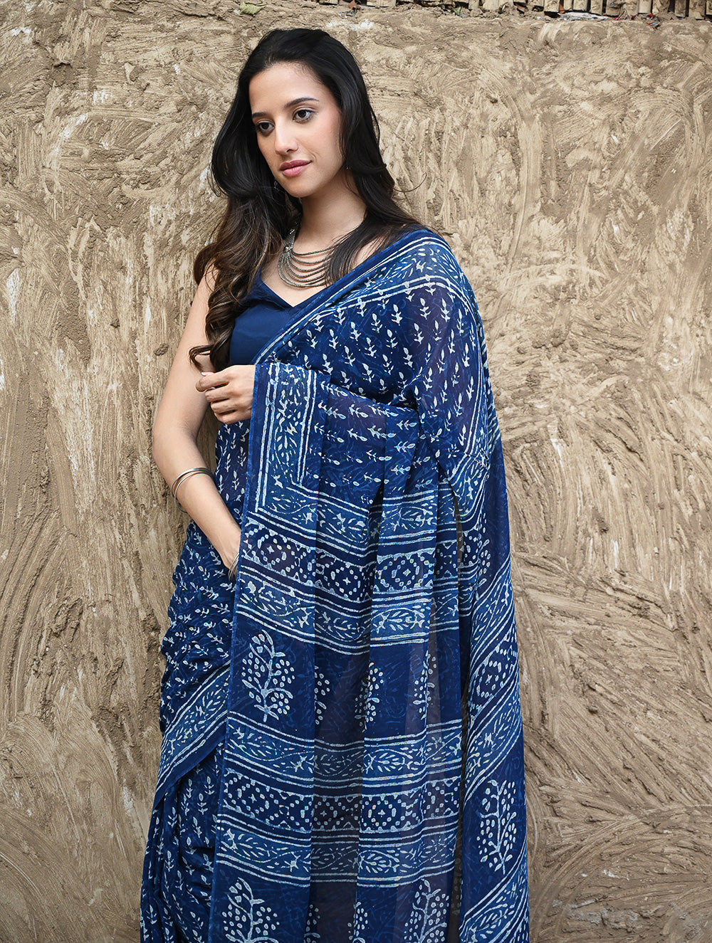 Dabu Vibes : Hand Block Printed Georgette Saree - Neel Bel