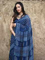 Dabu Vibes : Hand Block Printed Georgette Saree - Neel Bel