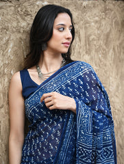 Dabu Vibes : Hand Block Printed Georgette Saree - Neel Bel