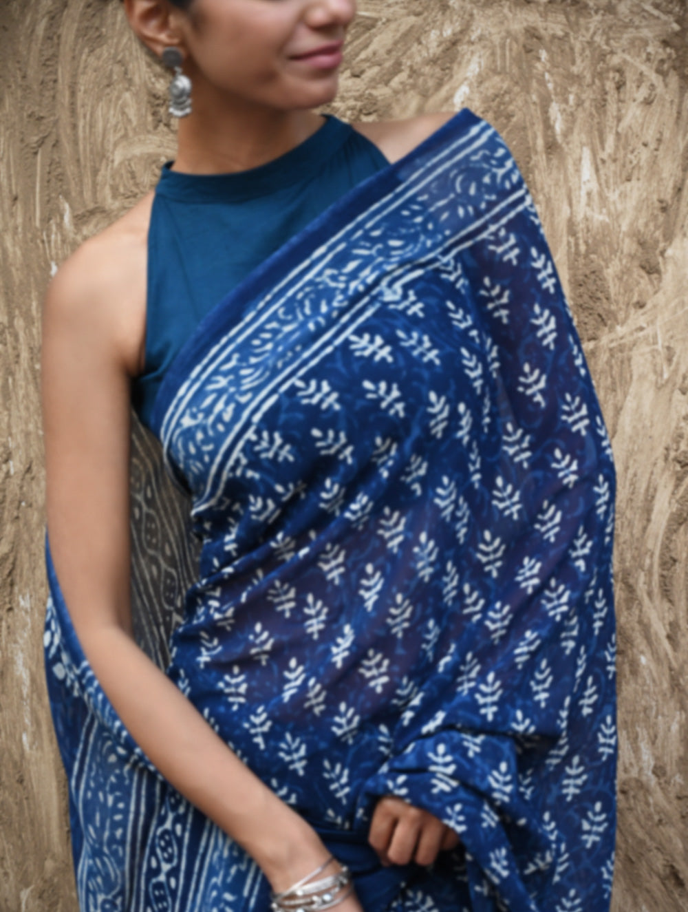Dabu Vibes : Hand Block Printed Georgette Saree - Neele Gagan