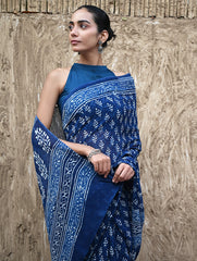Dabu Vibes : Hand Block Printed Georgette Saree - Neele Gagan
