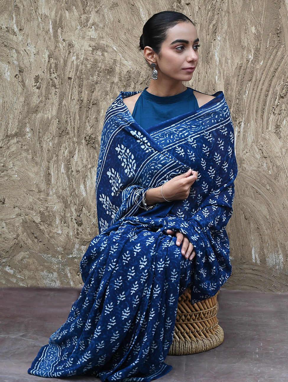Dabu Vibes : Hand Block Printed Georgette Saree - Neele Gagan