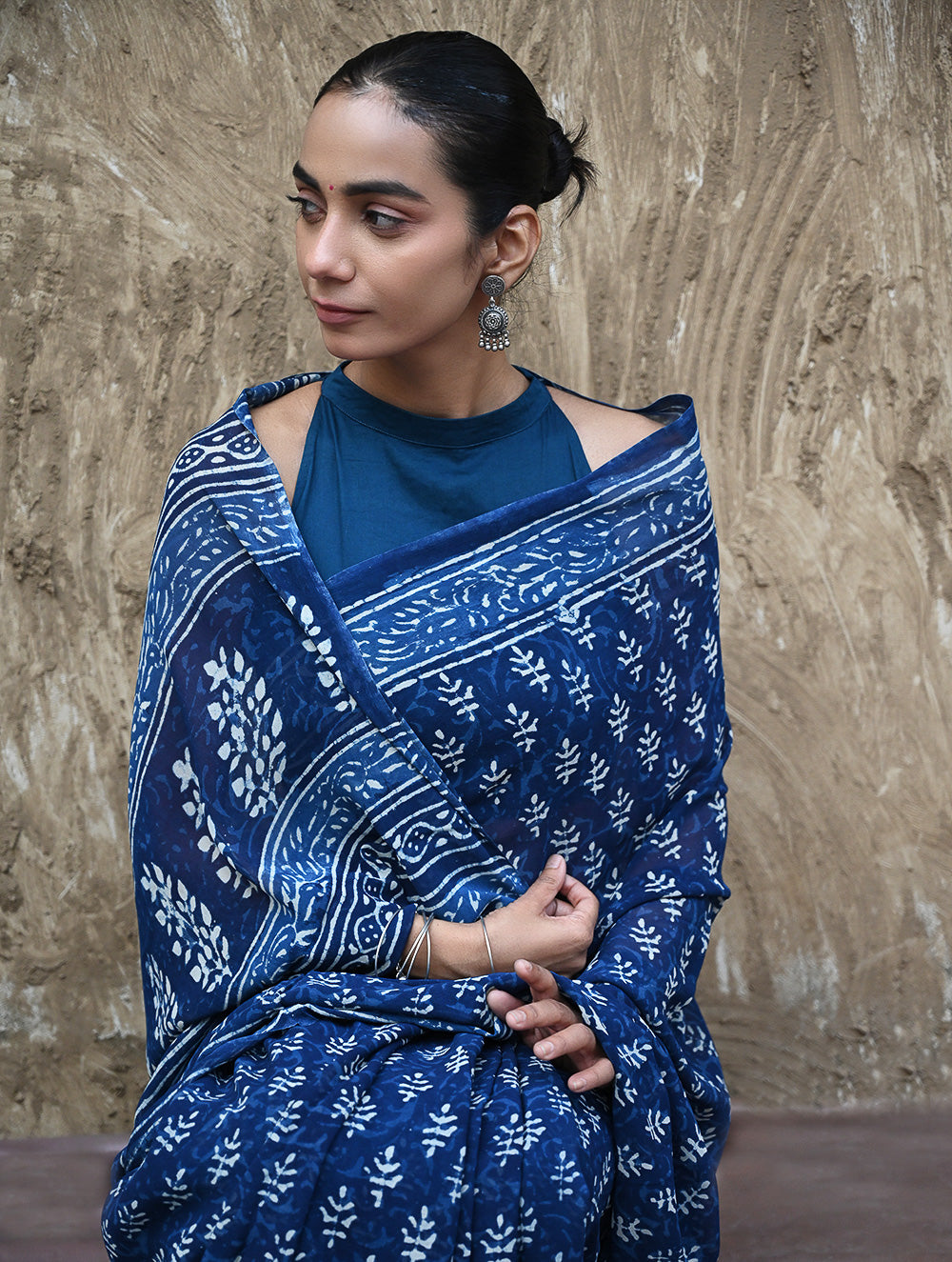 Dabu Vibes : Hand Block Printed Georgette Saree - Neele Gagan